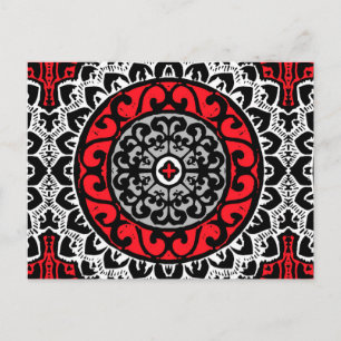 Southwestern Sun Mandala Batik, Red, Black & White Postcard