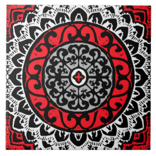 Southwestern Sun Mandala Batik, Red, Black & White Tile