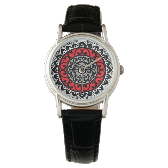 Southwestern Sun Mandala Batik, Red, Black & White Watch (Front)