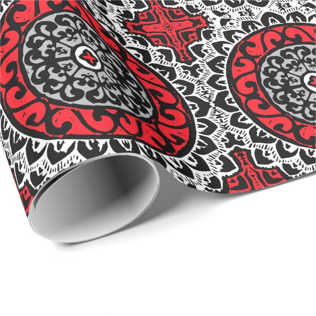 Southwestern Sun Mandala Batik, Red, Black & White Wrapping Paper (Roll Corner)