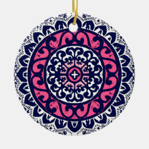 Southwestern Sun Mandala, Fuchsia, Navy & White Ceramic Ornament