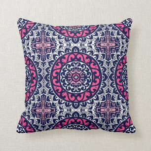 Southwestern Sun Mandala, Fuchsia, Navy & White Cushion