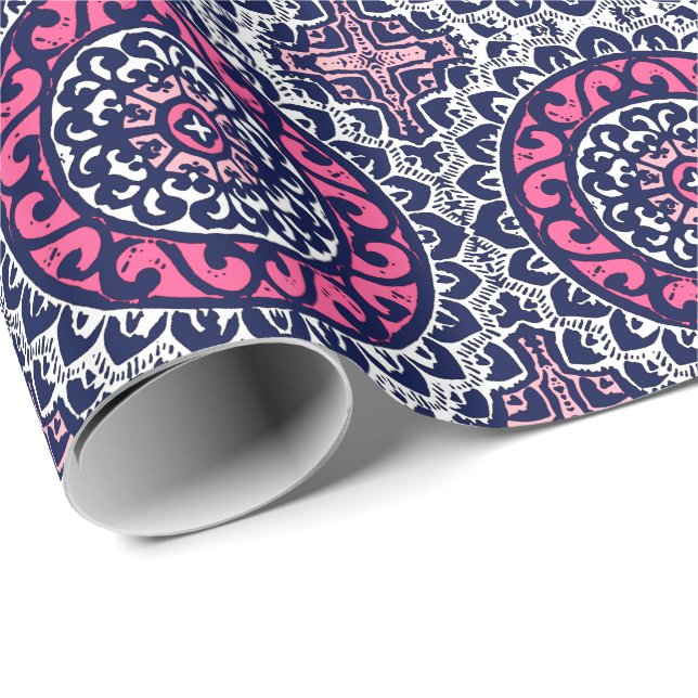 Southwestern Sun Mandala, Fuchsia, Navy & White Wrapping Paper (Roll Corner)