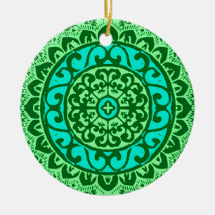 Southwestern Sun Mandala, Green and Turquoise  Ceramic Ornament