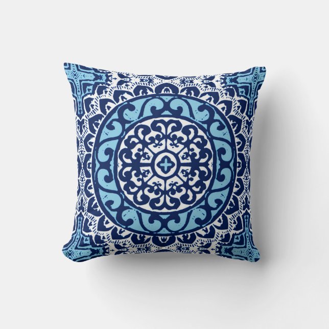Southwestern Sun Mandala, Navy Blue & White Cushion (Front)