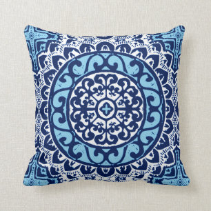 Southwestern Sun Mandala, Navy Blue & White Cushion