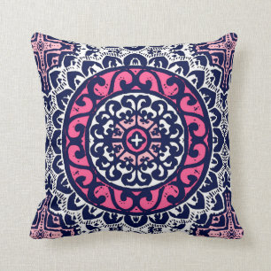 Southwestern Sun Mandala, Pink, Navy & White Cushion