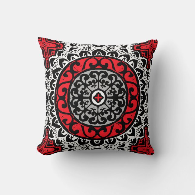 Southwestern Sun Mandala, Red, Black & White Cushion (Front)