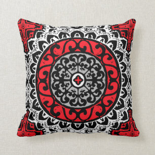 Southwestern Sun Mandala, Red, Black & White Cushion