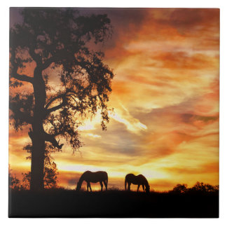 Southwestern Sunset With Horses and Oak Tree Ceramic Tile