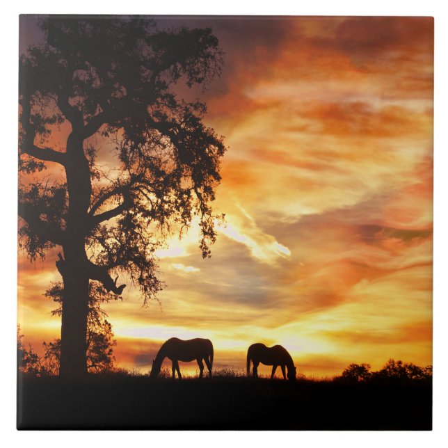 Southwestern Sunset With Horses and Oak Tree Ceramic Tile (Front)