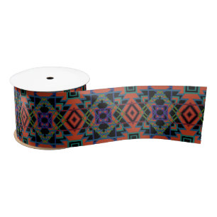 Southwestern Symmetrical Tiled Pattern Line Art Satin Ribbon