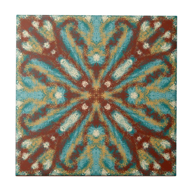 Southwestern Teal Brown Kaleidoscope Ceramic Tile (Front)