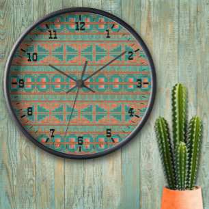 Southwestern Teal Copper Colours Geometric Pattern Clock