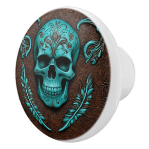 Southwestern Teal  Día De Muertos Sugar Skull  Ceramic Knob