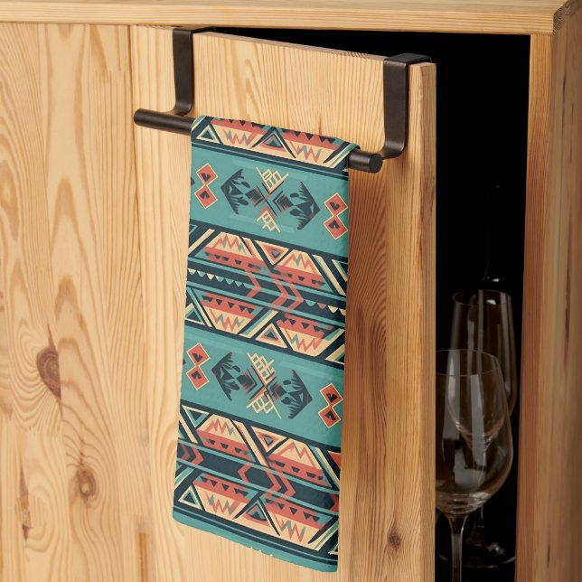 Southwestern Tribal Turquoise Tea Towel (Thirds Fold)