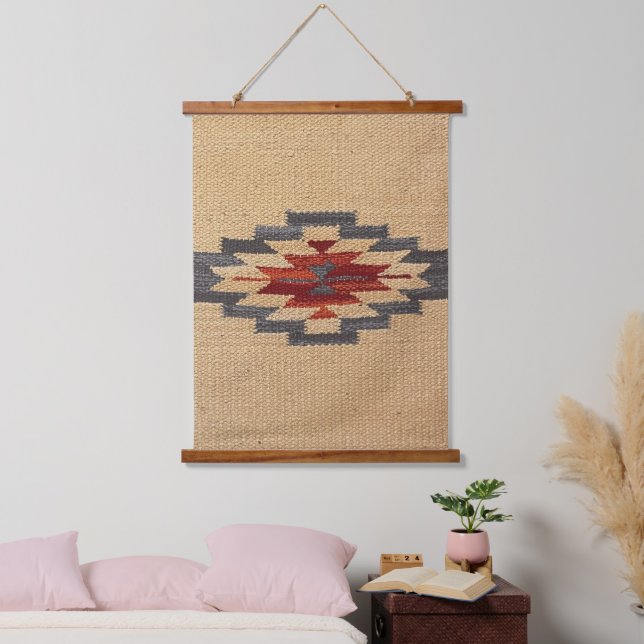 Southwestern Weave Print, Wheat, Blue and Red Hanging Tapestry (Bedroom)