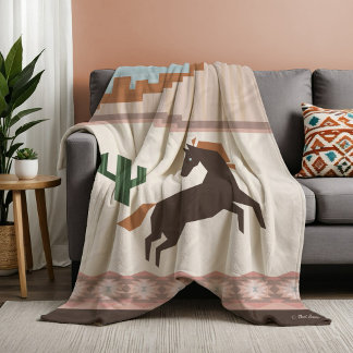 Southwestern Wild Brown Horse & Cactus Fleece Blanket