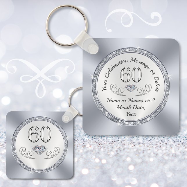 Souvenir Ideas for 60th Birthday, 60th Anniversary Key Ring (60th birthday party favors. Cheap 60th birthday gifts for guests. Diamond birthday favors. )
