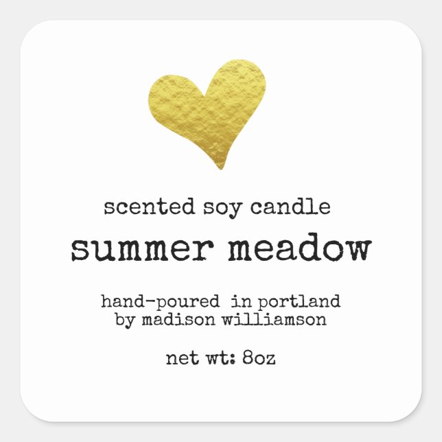 Soy Candle | Gold Heart  |Typewriter Text Square Sticker (Front)