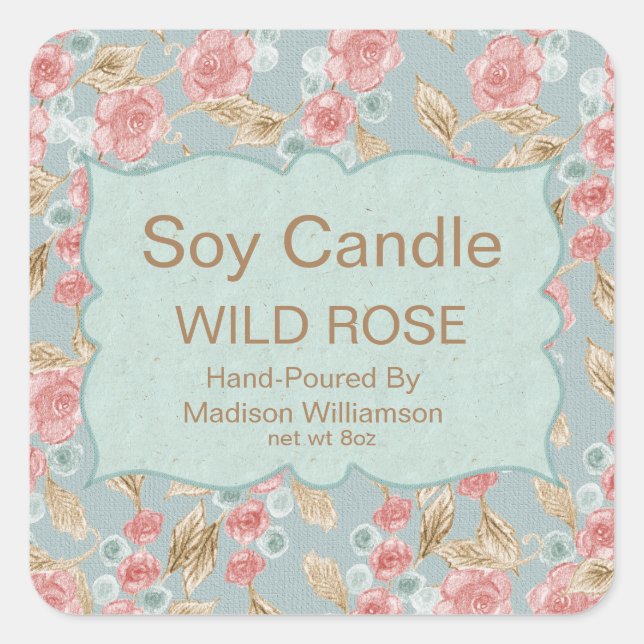 Soy Candle | Vintage Floral Personalised Square Sticker (Front)