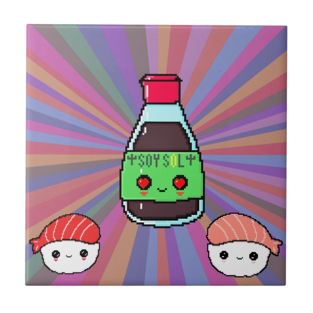 Soy sauce and sushi kawaii pixel art rainbow ceramic tile (Front)