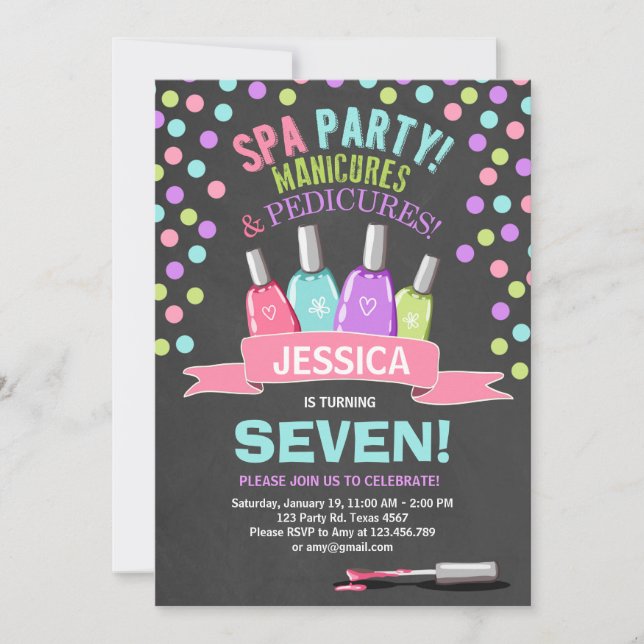 Spa birthday invitation Manicures Salon Pink Chalk (Front)