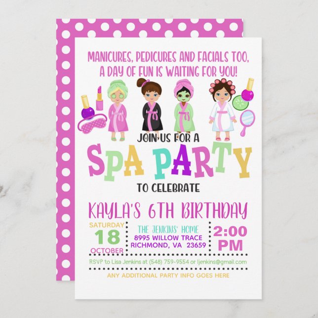 Spa Birthday Party Invitation - Girls - WH (Front/Back)