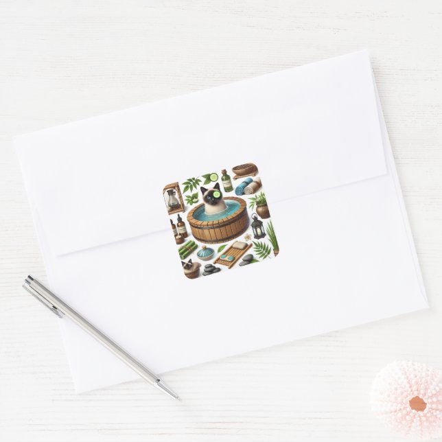 Spa Cat Birthday themed Square Sticker (Envelope)