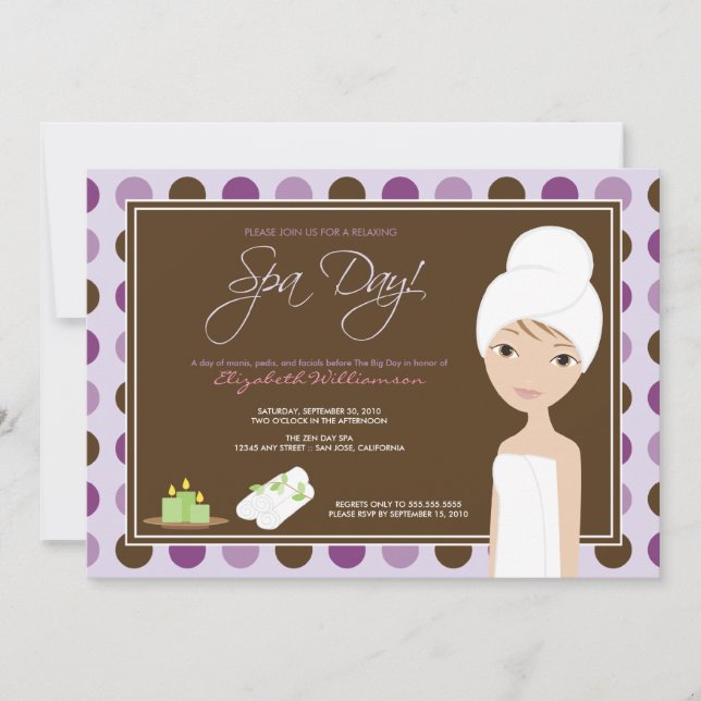 Spa Day Polka-dots Bridal Shower Invite (lavender) (Front)