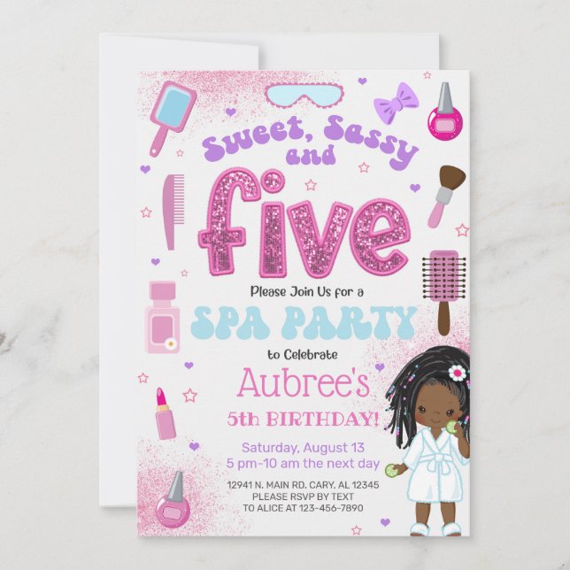 SPA, girl 5th birthday party invite, 5 year old. Invitation (Front)