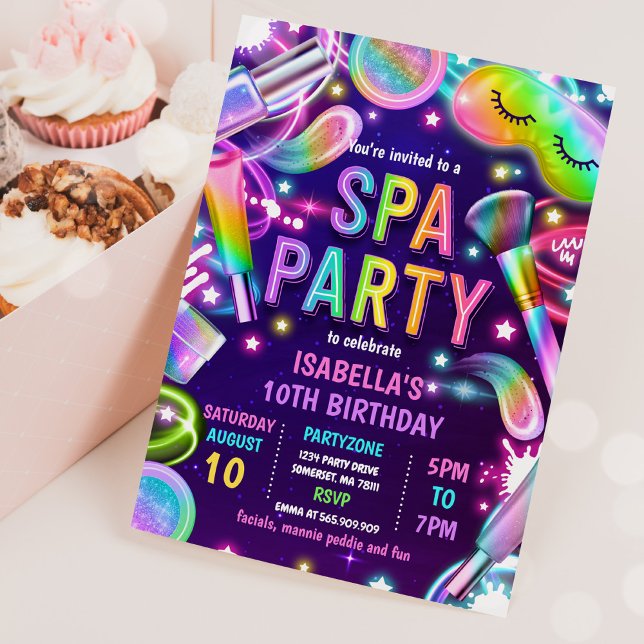 Spa Glow Neon Glitz And Glam Makeup Birthday Party Invitation (Creator Uploaded)