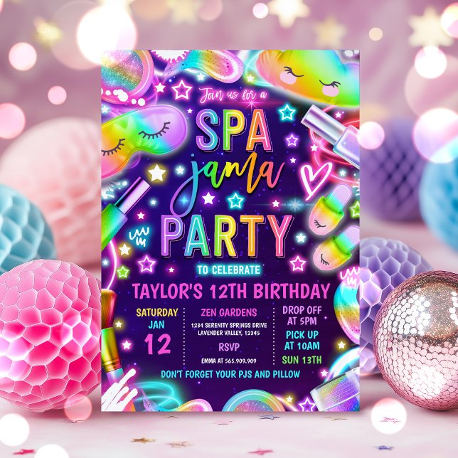 Spa-Jama Neon Spa And Sleepover Birthday Party Invitation (Creator Uploaded)