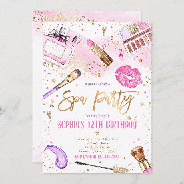 Spa Makeup Birthday Party Pink Glitz & Glam Party Invitation (Front/Back)