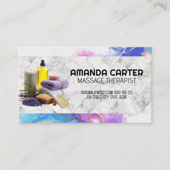 Spa Oils Herbs Bath Salts | Watercolor | Marble Business Card (Front)