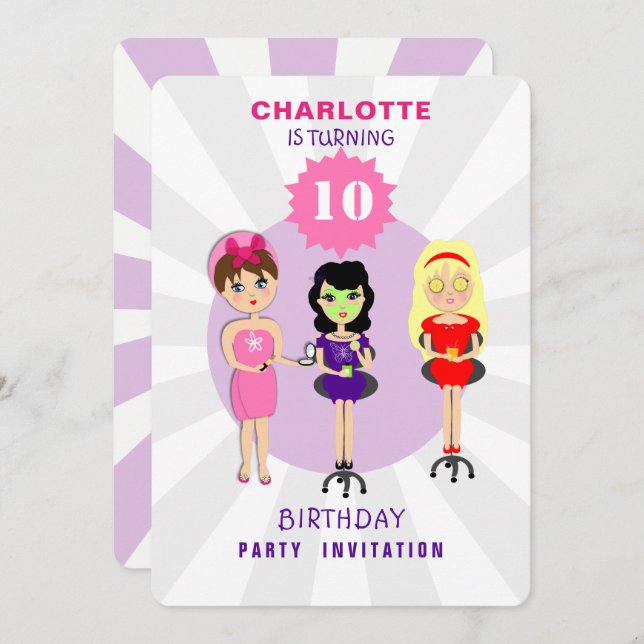 Spa Pamper Girly Kids Cute Birthday Party Invitati Invitation (Front/Back)