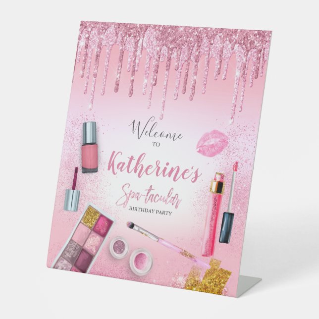 Spa Party Glam Girl Birthday Party Salon Board Pedestal Sign (Front)