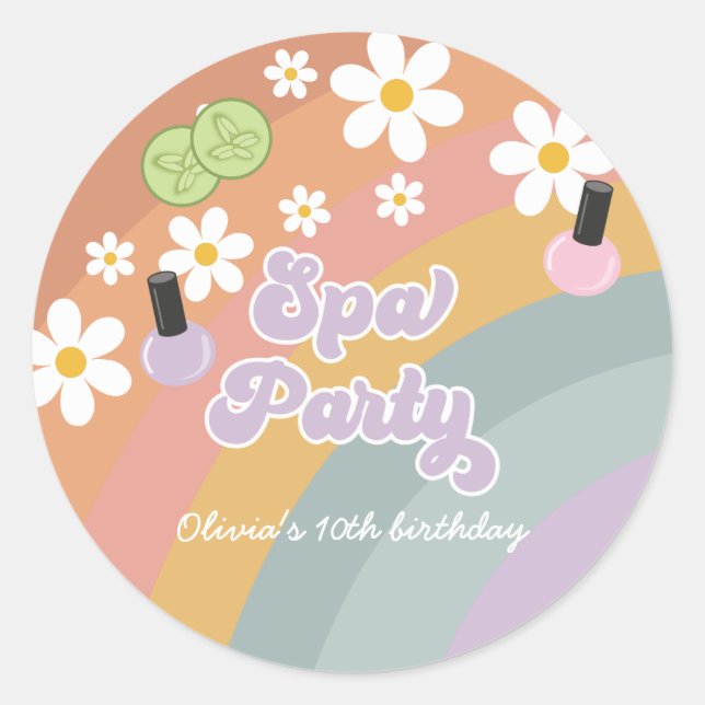 Spa Party Retro Rainbow Birthday Classic Round Sticker (Front)