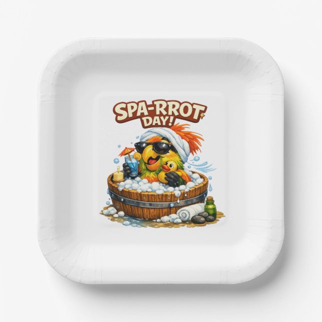 Spa-rrrot Day Funny Parrot Spa Relax Design Paper Plate (Front)