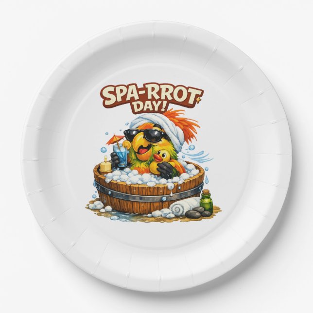 Spa-rrrot Day Funny Parrot Spa Relax Design Paper Plate (Front)