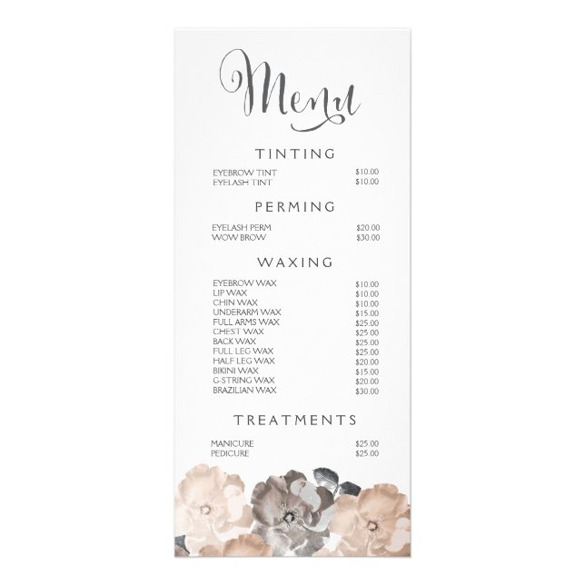 Spa Salon Beautician Menu Roses Price List (Front)