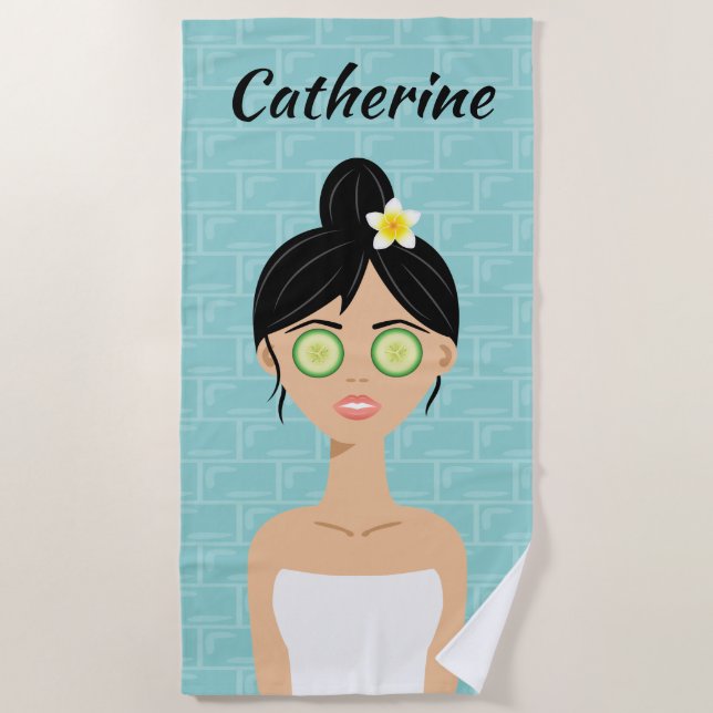 Spa Woman With Cucumbers On Her Eyes Illustration Beach Towel (Front)