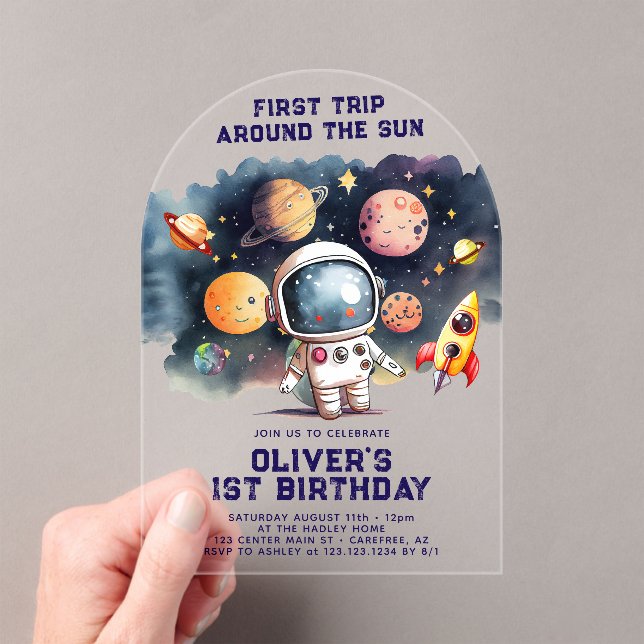 Space 1st Birthday First Trip Around The Sun Acrylic Invitations (Insitu (Handheld))