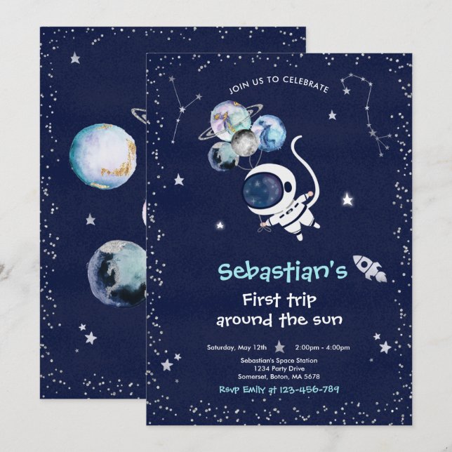 Space 1st Birthday Party First Trip Around The Sun Invitation (Front/Back)