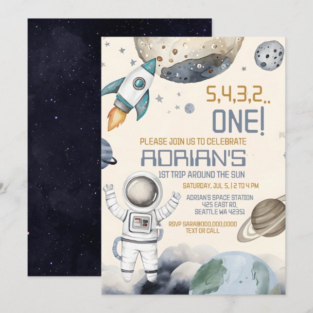 Space 1st Birthday Party First Trip Around The Sun Invitation (Front/Back)