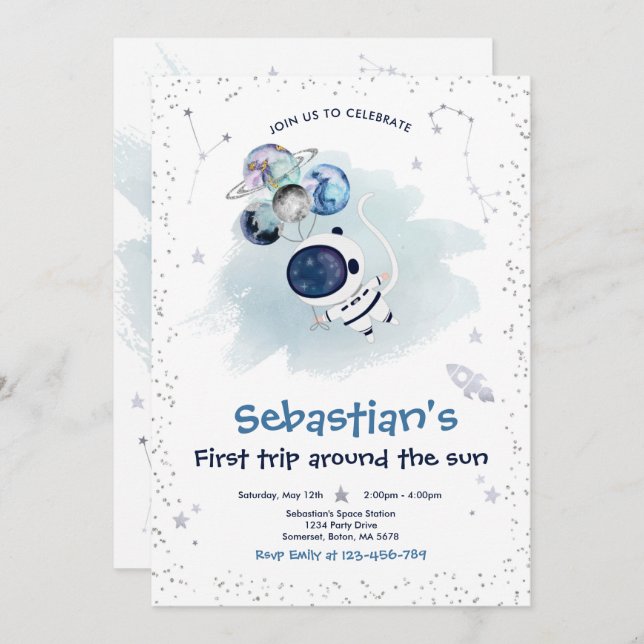 Space 1st Birthday Party First Trip Around The Sun Invitation (Front/Back)