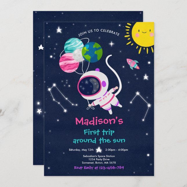 Space 1st Birthday Party First Trip Around The Sun Invitation (Front/Back)