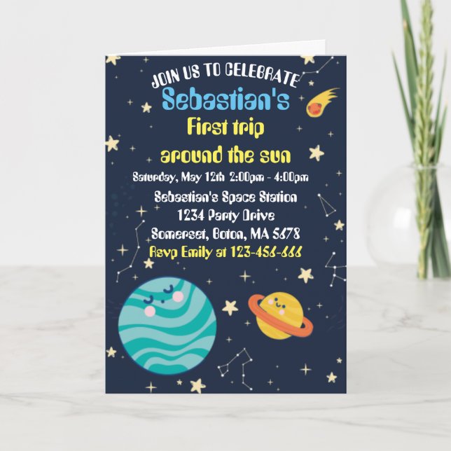 Space 1st Birthday Party First Trip Around The Sun Invitation (Front)
