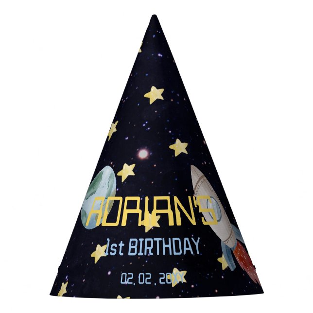 Space 1st Birthday Party First Trip Around The Sun Party Hat (Front)