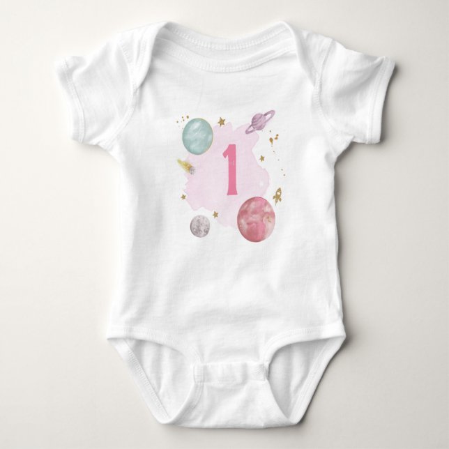 Space 1st Birthday Planets Galaxy One Shirt Girl (Front)